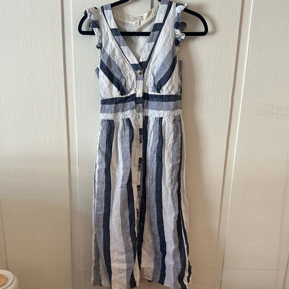 J. Crew Pointe Sur Button-front linen midi dress in faded indigo stripe Size 00 - Picture 4 of 6
